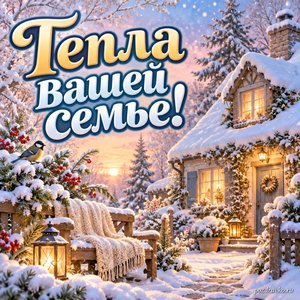 Сретение Господне — открытка «Тепла вашей семье!» с уютным домиком в зимнем саду