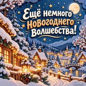 Старый Новый год — открытка «Ещё немного новогоднего волшебства!» с заснеженной деревней и праздничными огнями