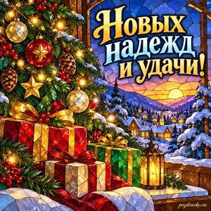 Старый Новый год — открытка «Новых надежд и удачи!» с подарками под елью и мягким светом