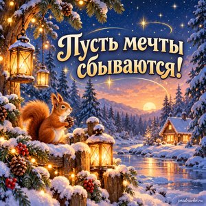Старый Новый год — открытка «Пусть мечты сбываются!» с зимним лесом и светящимися фонариками