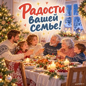 Старый Новый год — открытка «Радости вашей семье!» с дружной семьёй за домашним столом
