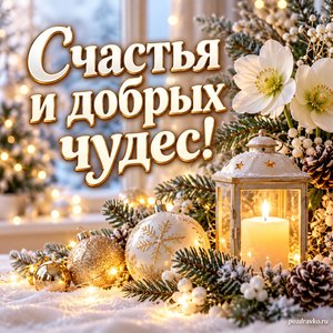 Старый Новый год — открытка «Счастья и добрых чудес!» с ёлочными шарами, свечой и зимними цветами