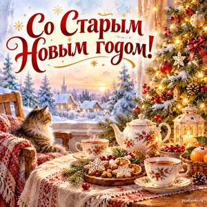 Старый Новый год — открытка «Со Старым Новым годом!» с уютным чайным столом у нарядной ёлки