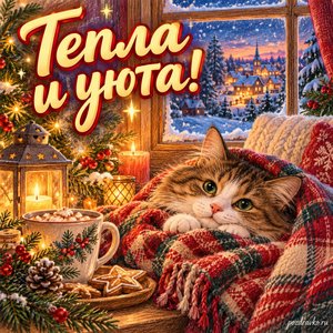 Старый Новый год — открытка «Тепла и уюта!» с котом под пледом у праздничного окна