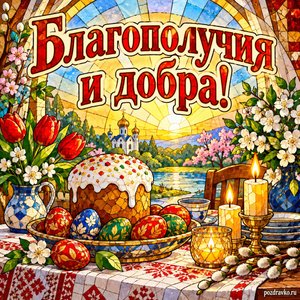 Светлая седмица — открытка «Благополучия и добра!» с уютным праздничным столом без людей