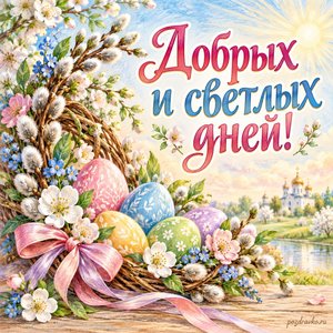 Светлая седмица — открытка «Добрых и светлых дней!» с пасхальным венком и пастельными яйцами