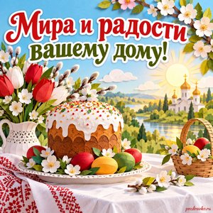 Светлая седмица — открытка «Мира и радости вашему дому!» с куличом без букв и белой скатертью
