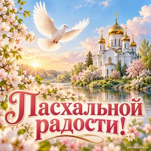 Светлая седмица — открытка «Пасхальной радости!» с белым голубем над весенним храмом