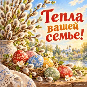 Светлая седмица — открытка «Тепла вашей семье!» с веточками вербы и расписными яйцами без текста