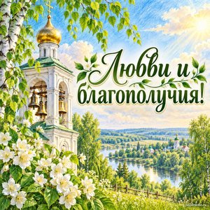 Троица — открытка «Любви и благополучия!» с колокольней над зелёной долиной