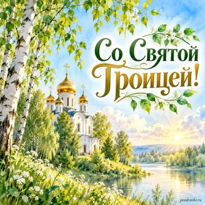 Троица — открытка «Со Святой Троицей!» с храмом среди молодых берёз