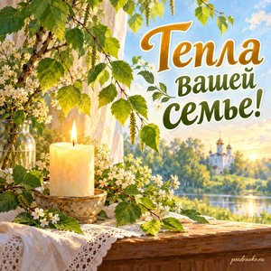 Троица — открытка «Тепла вашей семье!» с свечой и свежей зелёной веточкой