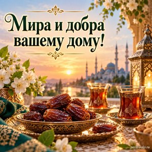 Ураза-байрам — открытка «Мира и добра вашему дому!» с праздничным столом, финиками и чашками чая без людей