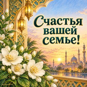 Ураза-байрам — открытка «Счастья вашей семье!» с белыми цветами и золотистым восточным орнаментом без букв