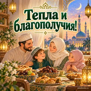 Ураза-байрам — открытка «Тепла и благополучия!» с семьёй в скромной одежде в уютном доме