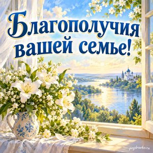 Успение Пресвятой Богородицы — открытка «Благополучия вашей семье!» с белыми цветами у открытого окна