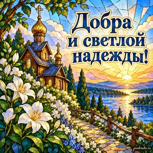 Успение Пресвятой Богородицы — открытка «Добра и светлой надежды!» с деревянной церковью у цветущей дорожки
