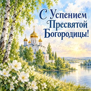 Успение Пресвятой Богородицы — открытка «С Успением Пресвятой Богородицы!» с белым храмом среди зелёных берёз