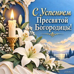 Успение Пресвятой Богородицы — открытка «С Успением Пресвятой Богородицы!» с свечой и букетом белых лилий