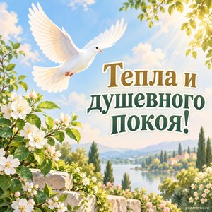 Успение Пресвятой Богородицы — открытка «Тепла и душевного покоя!» с голубем над зелёным садом