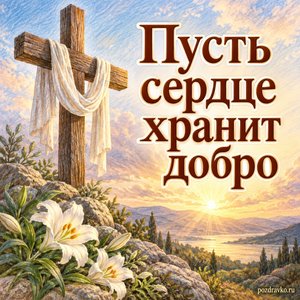 Великая пятница — открытка «Пусть сердце хранит добро» с крестом в спокойном мягком свете Великая пятница — открытка «Пусть сердце хранит добро» с крестом в спокойном мягком свете