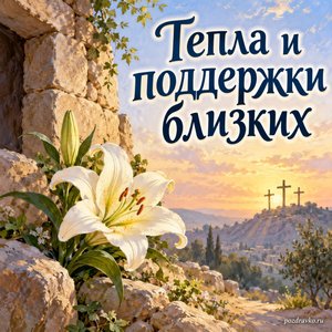 Великая пятница — открытка «Тепла и поддержки близких» с белой лилией у каменной стены Великая пятница — открытка «Тепла и поддержки близких» с белой лилией у каменной стены