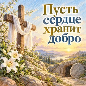 Великая суббота — открытка «Пусть сердце хранит добро» с крестом в спокойном мягком свете Великая суббота — открытка «Пусть сердце хранит добро» с крестом в спокойном мягком свете
