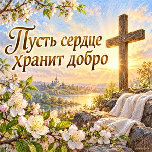 Великий четверг — открытка «Пусть сердце хранит добро» с крестом в спокойном мягком свете