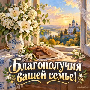 Воздвижение Креста Господня — открытка «Благополучия вашей семье!» с белыми цветами у открытого окна