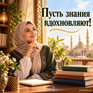 Всемирный день арабского языка — открытка «Пусть знания вдохновляют!» преподавательница у окна с закрытыми книгами