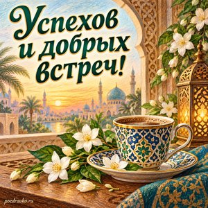 Всемирный день арабского языка — открытка «Успехов и добрых встреч!» изящная керамическая чашка и жасмин