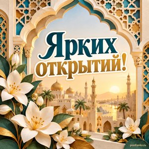 Всемирный день арабского языка — открытка «Ярких открытий!» бумажные геометрические арки и белые цветы