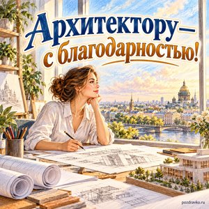 Всемирный день архитектуры — открытка «Архитектору — с благодарностью!» с женщиной-архитектором у большого окна