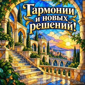 Всемирный день архитектуры — открытка «Гармонии и новых решений!» с арками и лестницами в изящном рисунке