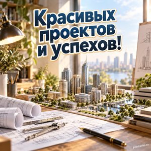 Всемирный день архитектуры — открытка «Красивых проектов и успехов!» с миниатюрным городом на рабочем столе