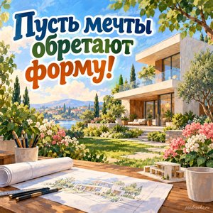 Всемирный день архитектуры — открытка «Пусть мечты обретают форму!» с ярким современным домом в зелёном саду