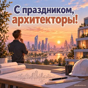 Всемирный день архитектуры — открытка «С праздником, архитекторы!» с городским кварталом в вечернем свете