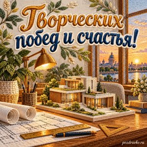 Всемирный день архитектуры — открытка «Творческих побед и счастья!» с уютным рабочим столом и архитектурным макетом