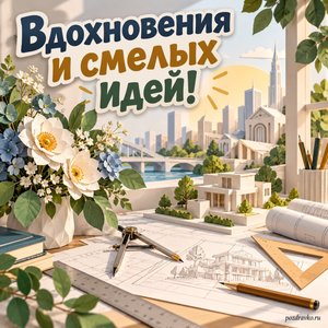 Всемирный день архитектуры — открытка «Вдохновения и смелых идей!» с чертёжными инструментами и цветами