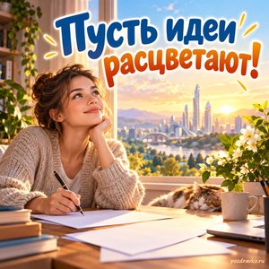 Всемирный день будущего — открытка «Пусть идеи расцветают!» молодой исследователь с чистыми листами у окна