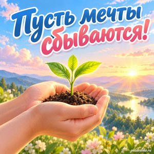 Всемирный день будущего — открытка «Пусть мечты сбываются!» росток в ладонях на фоне неба