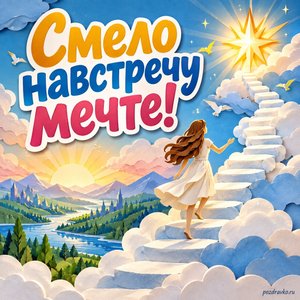 Всемирный день будущего — открытка «Смело навстречу мечте!» бумажная лестница из облаков к сияющей звезде