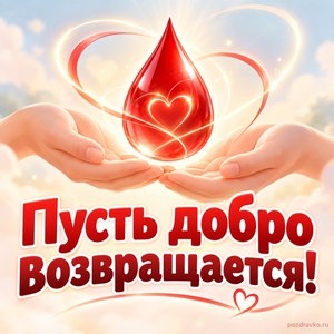 Всемирный день донора крови — открытка «Пусть добро возвращается!» с красной каплей в окружении мягких световых линий