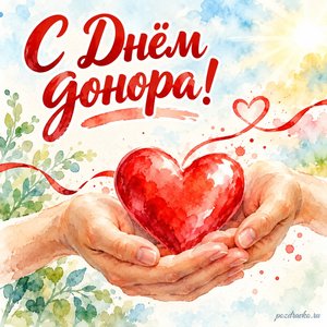 Всемирный день донора крови — открытка «С Днём донора!» с ладонями, поддерживающими красное сердце