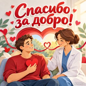 Всемирный день донора крови — открытка «Спасибо за добро!» с донором и медицинским сотрудником без процедуры