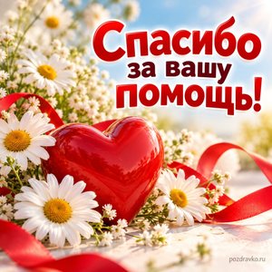 Всемирный день донора крови — открытка «Спасибо за вашу помощь!» с красным сердцем и белыми ромашками