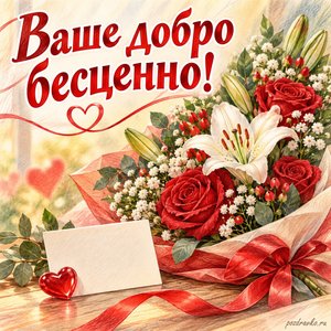 Всемирный день донора крови — открытка «Ваше добро бесценно!» с букетом цветов и карточкой без текста