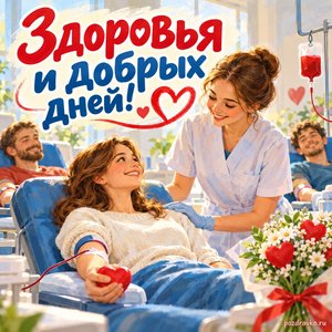 Всемирный день донора крови — открытка «Здоровья и добрых дней!» с добрыми людьми в светлом медицинском помещении