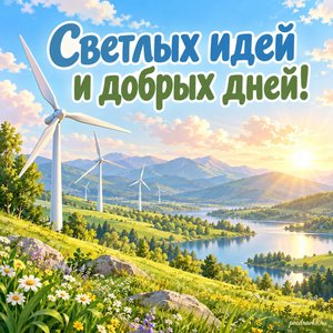 Всемирный день инженерии в целях устойчивого развития — открытка «Светлых идей и добрых дней!» ветряные турбины в зелёной долине
