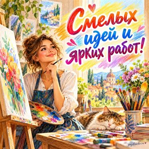 Всемирный день искусства — открытка «Смелых идей и ярких работ!» художник у мольберта Всемирный день искусства — открытка «Смелых идей и ярких работ!» художник у мольберта